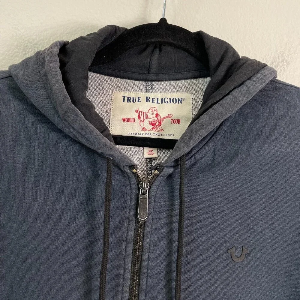 True Religion Mens Small Navy Zip‎ Up Hoodie Jacket Distressed